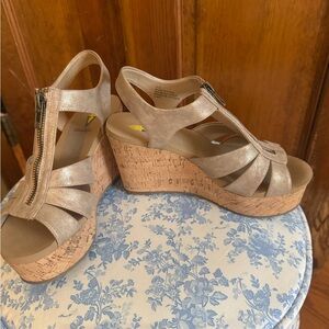 Volatile Metallic Nude T-Strap Cork Wedge Sandals